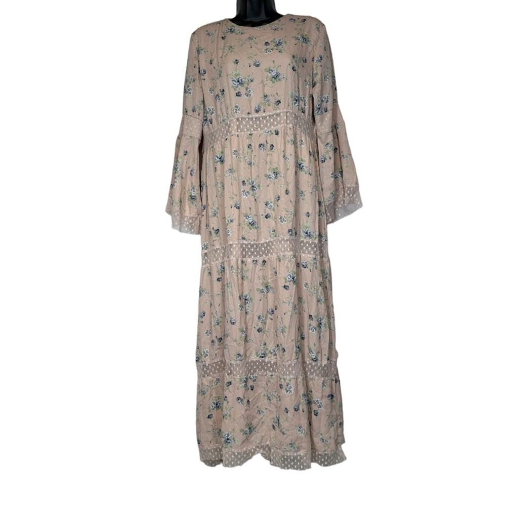 Bagiza Light Pink Floral Print‎ Lace Bell Sleeve Cottagecore Maxi Dress Size 44